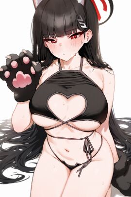 bangs belly black_hair blue_archive blunt_bangs blush blush_lines breasts cat_ears cat_girl cat_gloves cat_paws catgirl cleavage embarrassed expressionless female heart_cutout hips kneeling large_breasts long_hair millennium_science_school_student mittens mochirong navel one_arm_up paw_gloves red_eyes rio_(blue_archive) seminar_(blue_archive) sleeveless sweaty thighs
