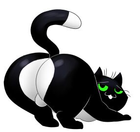 ass backsack balls ballsack big_ass big_butt black_body black_fur dipstick_tail domestic_cat felid feline felis fur genitals green_eyes hi_res looking_back male mammal markings monkey_wrench_(series) nude scratch_(monkey_wrench) simple_background sinood1e solo tail tail_markings white_background white_body white_fur