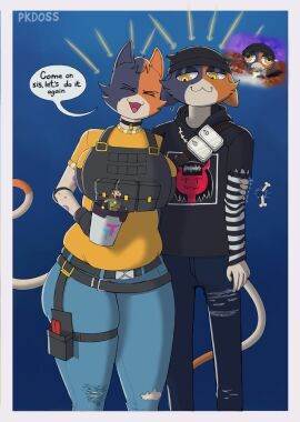 3girls alternate_breast_size anthro anthro_only belt belt_buckle big_breasts big_thighs black_eyes black_fingerless_gloves black_gloves breasts brown_body brown_fur burp burping calico_cat cat_ears cat_girl cat_tail cate_meowdy_(fortnite) catgirl collar cousin cousins cousins_(lore) cup domestic_cat dot_eyes epic_games felid feline female fortnite fortnite:_battle_royale fur furry furry_female furry_only glistening glistening_body hair hug invincible mammal meow_skulls_(fortnite) milk multicolored_body multicolored_fur navel pkdoss ponytail purple_body raised_tail shrinking_rae shrunk shrunken_female simple_eyes solo spongebob_reference tan_body tan_fur tummy