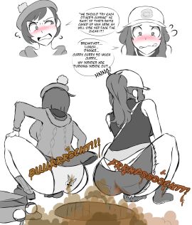 2girls brap crouching fart fart_cloud fart_fetish farting female gassy gassy_female gloria_(pokemon) hilda_(pokemon) mrtomato8224 nintendo panties pantless pokemon squatting stained_clothes stained_panties