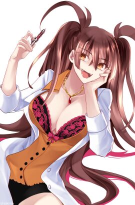 black_skirt bow bra breasts brown_hair cleavage dr._arach female highres jewelry labcoat large_breasts long_hair necklace needle open_mouth orange_bow orange_eyes orange_shirt sharp_teeth shirt skirt solo sukiniyaru teeth tsukihime tsukihime_(remake) twintails twitter_username underwear white_background