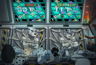 ankle_cuffs anthro arcade arcade_machine avery_(vir-no-vigoratus) bemani black_pawpads blue_body blue_eyes blue_fur blue_pawpads bondage bound bound_together cable canvas_texture caution_stripes chastity_cage chastity_device cheetah combo cuff_(restraint) dance_dance_revolution dipstick_tail duo electricity electrostimulation felid feline fur green_eyes grey_body grey_fur inside joystick kemira kemira_redearth_(character) kieran konami liam_(tempestus_vulpis) looking_down male mammal markings metal_chastity_cage muzzle_(object) muzzled onightwish pantherine pawpads punishment pushbutton restraints screen sitting snow_leopard spots spotted_body spotted_fur spotted_markings spotted_tail spreader_bar straitjacket straps tail tail_markings white_body white_fur