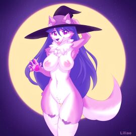 1:1 anthro areola armpit_fetish bangs big_breasts breasts canid canine canis clothing ear_tuft female fluffy fluffy_tail fur genitals hair hat headgear headwear hi_res legwear liliae long_hair looking_at_viewer magic_user mammal moon navel neck_tuft nipples pawpads pink_body pink_fur puffy_areola puffy_nipples purple_hair pussy raised_arm smile smiling_at_viewer solo solo_focus star tail thigh_gap thigh_highs tongue tongue_out tuft vulva white_clothing white_legwear white_thigh_highs witch witch_hat wolf