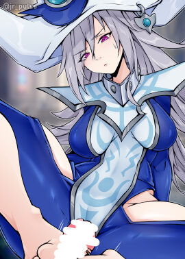 absurdres artist_name blue_dress breasts censored dress duel_monster female footjob grey_hair hat highres hip_vent jrpuls3 long_hair looking_at_viewer male penis purple_eyes silent_magician sweatdrop tabard two-footed_footjob white_hat white_tabard wizard_hat yu-gi-oh!