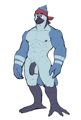 abs anthro areola avian avian_feet balls bara beak biped bird black_body blue_body blue_feathers blue_jay cartoon_network colored corvid feathers fingers flaccid foreskin full-length_portrait genitals grey_body hi_res humanoid_genitalia humanoid_hands humanoid_penis jay_(bird) jrjresq kerchief kerchief_only looking_forward male markings mordecai_(regular_show) mostly_nude_anthro mostly_nude_male muscular muscular_anthro muscular_male navel new_world_jay nipples non-mammal_balls non-mammal_nipples oscine passerine pecs penis pinup portrait pose regular_show simple_background smile solo standing striped_markings stripes uncircumcised white_background yaoi