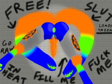 4:3 animal_genitalia anthro anus ass blue_body blue_fur digital_media_(artwork) erection fur futanari genital_slit genitals glowing glowing_anus glowing_body glowing_fur glowing_genitalia glowing_mouth glowing_penis glowing_slit graffiti green_body green_fur hi_res intersex knot knotted_penis living_tail machine multi_tail orange_body orange_fur orange_penis pawpads penis protogen protogen_armor public public_use solo sprocket_(sprocket_the_proto) sprocket_the_proto tail through_wall unusual_anatomy unusual_tail