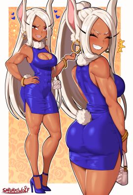 1girls artist_signature ass ass_focus ass_in_dress big_breasts boku_no_hero_academia boob_window bracelet breasts bunny_ears bunny_girl bunny_tail busty cleavage cleavage_cutout curvy dark-skinned_female dark_skin dress earrings female front_and_back high_heels hoop_earrings legs long_eyelashes miruko multiple_poses muscular muscular_female my_hero_academia purse red_eyes rumi_usagiyama sarukaiwolf short_dress tight_clothing white_hair