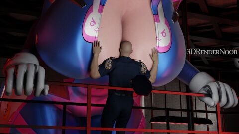 1boy 1girls 3d 3drendernoob blender_(software) breast_smother breasts breasts_bigger_than_head cleavage cleavage_cutout d.va female giantess hana_song huge_breasts male overwatch police_uniform scrag_d.va video_game_character