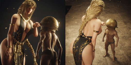 1boy 1girls 3d 3d_(artwork) alternate_hairstyle ass athletic athletic_female back_view big_ass big_breasts blonde_hair braid breasts cleavage dress elden_ring female fromsoftware giantess gold_eyes hair_over_one_eye huge_breasts let_me_solo_her light-skinned_female light_skin long_hair looking_down male nail_polish necklace queen_marika_the_eternal ryanreos size_difference taller_female tarnished