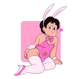 1boy accurate_art_style animal_ears ass big_ass black_eyes black_hair blush blush_lines bodysuit bulge bulge_through_clothing bunny bunny_costume bunny_ears bunny_tail bunnysuit chubby chubby_femboy chubby_male cleavage clothed color colored crossdressing cuffs cute dark_brown_hair detached_collar detached_cuffs digital_drawing_(artwork) digital_media_(artwork) earrings femboy flirting flirting_look flirty fluffy_tail gem gem_(species) high_heels hotfiresu human hybrid leotard male male_only male_playboy_bunny navel_cutout not_ai_generated on_knees painted_nails pink_background pink_bodysuit pink_bowtie pink_bunnysuit pink_leotard pink_nail_polish pink_nails playboy_bunny posing self_upload short_hair simple_shading sitting solo steven_quartz_universe steven_universe strapless strapless_leotard tail thighs white_background white_ears white_legwear wrist_cuffs
