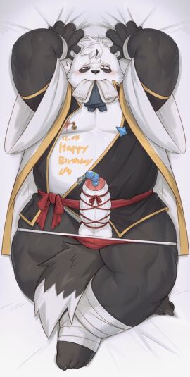 anal_beads_in_urethra anthro bandage bandaged_foot bara bear blush bodily_fluids bondage bottomless bound cai1448331577 clothed clothing crossed_legs embarrassed erection foreskin genitals giant_panda half-closed_eyes hands_above_head hi_res humanoid_genitalia humanoid_penis lying male mammal narrowed_eyes nipple_piercing nipples on_back partially_clothed partially_retracted_foreskin penetration penis penis_bondage piercing retracted_foreskin sex_toy sex_toy_in_urethra sex_toy_insertion signature sock_in_mouth solo solo_male topwear uncircumcised underwear underwear_down urethral urethral_penetration yaoi