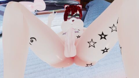 anal anus balls ballsack big_penis breasts dick femboy femboy_pluto futanari green_eyes heart-shaped_pupils horny peace_sign raccoon stars vrchat womb_tattoo