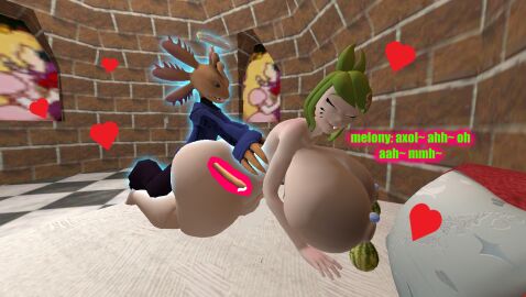 3d ass axol_(smg4) big_ass big_breasts breasts cum cum_inside doggy_style female garry's_mod gmod kaibernation male male/female melony_(smg4) moaning sex smg4 text x-ray x-ray_view