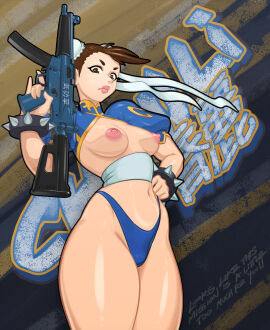 1girls 2024 2d 2d_(artwork) alternate_version_available breasts breasts_out brown_eyes brown_hair character_name chun-li clothing english_text female female_only flannaganthered gun highleg highleg_panties human human_only light-skinned_female light_skin medium_breasts mp5 nipples no_sex solo solo_female standing street_fighter submachine_gun talking_to_viewer text thick_thighs thighs topless weapon