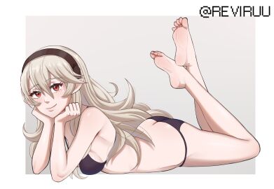 1girls alternate_costume ass ass_cleavage ass_crack bare_legs barefoot big_ass bikini black_bikini black_hairband black_swimsuit blonde_hair breasts butt_crack corrin_(fire_emblem) corrin_(fire_emblem)_(female) crossed_ankles feet feet_up female female_only fire_emblem fire_emblem_fates grey_background hair_between_eyes hairband head_rest highres legs legs_up long_hair looking_at_viewer lying medium_breasts nintendo on_stomach pointy_ears red_eyes reviruu sideboob simple_background smile soles solo swimsuit the_pose toes very_long_hair