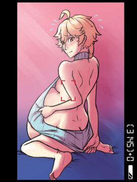 1boy aether_(genshin_impact) ass ass_cleavage back_view belly big_belly blonde_hair genshin_impact horn-ee male male_only male_pregnancy mpreg pregnancy pregnant pregnant_male solo solo_male sweat sweater virgin_killer_sweater
