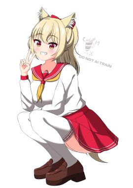 1girls artist_request blonde_hair cat_ears cat_girl cat_tail catgirl crouching crouching_female ear_fluff female looking_at_viewer original original_character peace_sign red_eyes school_uniform schoolgirl thighhighs thighs