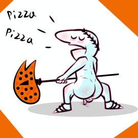 bald cartoony crown_hair_ornament dick dick_out food little_caesar little_caesars male male_only penis pizza sandals white white_background white_body