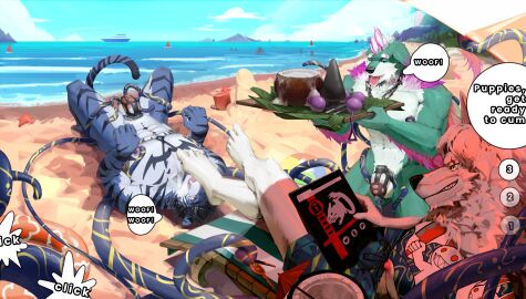 absurd_res anthro bara barking beach beach_chair beard bent_legs blue_body blue_fur bondage bottomwear canid canine canis chastity_cage chastity_cage_only chastity_device chastity_device_only clothed clothed/nude clothing cum_dripping_from_penis devilish_grin dialogue dragonsmint eye_scar facial_hair facial_scar feet felid foot_fetish foot_lick foot_on_face foot_play fur gay gay_male green_body green_fur grin group hair hi_res kerner04380771 kneeling licking lying male male/male mammal nipple_fetish nipple_play nude on_back pantherine paw_pose penetration penis petplay pose roleplay sand scar seaside shorts sitting slave smile submissive submissive_male tattoo tentacle tentacle_around_leg tiger tongue trio urethral urethral_penetration white_beard white_body white_facial_hair white_hair wolf yaoi yellow_eyes