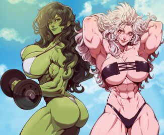 2girls abs absurd_res armpits arms_up ass bangs bare_shoulders big_ass big_breasts bikini breasts busty cleavage clothing cloud collarbone crossover curvy danusko dorohedoro dumbbell duo duo_female eastern_and_western_character eyelashes female female_only g-string giant_breasts green-skinned_female green_eyes green_hair green_lips green_skin hand_in_hair hips huge_breasts hulk_(series) large_ass lips long_hair looking_at_viewer marvel marvel_comics messy_hair multiple_females multiple_girls muscles muscular muscular_female navel noi_(dorohedoro) outside pinup red_eyes revealing_clothes seductive she-hulk shiny_skin side_view sideboob skimpy strapless swimsuit thick_thighs thighs thong underboob vein voluptuous white_hair