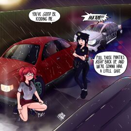 2girls black_hair breasts car crying crying_with_eyes_open english_text female handcuffs jailor_eckman open_mouth original panties panties_around_one_leg pee_squat_outdoors peeing police policewoman rain red_hair skirt skirt_lift underwear white_panties