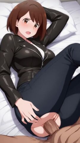 adult ai ai_generated anal_sex bed gloria_(pokemon) jeans leather_jacket lying_on_back tagme video