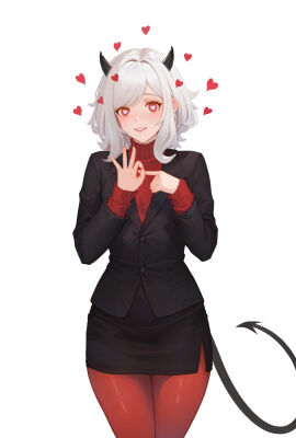 1girls black_horns black_jacket black_skirt commentary demon demon_girl demon_horns demon_tail english_commentary female heart heart-shaped_pupils hearts_around_head helltaker highres horns jacket lips long_hair long_sleeves looking_at_viewer modeus_(helltaker) pantyhose penetration_gesture red_eyes red_pantyhose red_sweater sex_gesture shchrit skirt smile solo standing sweater symbol-shaped_pupils tail white_hair
