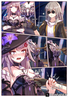 2girls :3 ? blush blushing breasts brown_hair comic comic_strip dress female glasses gloves grey_hair herta_(honkai:_star_rail) honkai:_star_rail jimpu6 key key_necklace keyhole_clothing light-skinned_female light_skin onomatopoeia small_breasts stelle_(honkai:_star_rail) tagme teasing the_herta_(honkai:_star_rail) yuri