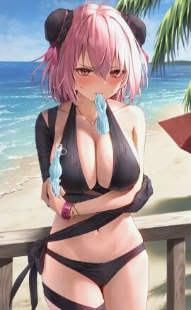 1girls arms_under_breasts bandaged_arm bandages beach beach_umbrella bikini black_bikini blue_sky blush breasts bun_cover cleavage cloud day double_bun female greenkohgen hair_between_eyes hair_bun highres ibaraki_kasen kasen_ibaraki large_breasts looking_at_viewer mature_female milf navel ocean outdoors pink_eyes pink_hair red_eyes short_hair sling_bikini_top solo swimsuit touhou tree tupet umbrella wet