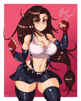 1girls 2022 armwear big_breasts black_thighhighs breasts brown_hair daf_n_half female female_only final_fantasy final_fantasy_vii fingerless_gloves hi_res long_hair looking_at_viewer red_eyes skirt smiling smiling_at_viewer solo square_enix suspenders tank_top thick_thighs thigh_squish thighhighs tied_hair tifa_lockhart toned toned_female