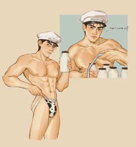 1boy bara bulge francis_mosses hunqiug jockstrap male male_nipples male_only milkman muscular muscular_male nipples penis penis_outline that's_not_my_neighbor underwear yaoi