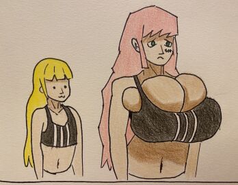 blonde_hair bra breast_spill breasts female huge_breasts large_breasts lmao magia_sulphur mahou_shoujo_ni_akogarete massive_breasts medium_support_(meme) meme mob_face obi_almighty pink_hair sister_gigant size_comparison size_difference small_breasts sports_bra tenkawa_kaoruko tight_clothing tight_fit traditional_art traditional_media traditional_media_(artwork) underboob