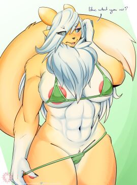 2020 abs absurd_res anthro areola bandai_namco big_muscles bikini breasts canid canine clothed clothing digimon digimon_(species) eye_through_hair eyebrow_through_hair eyebrows female fox fur fur_tuft green_bikini green_clothing green_swimwear hi_res looking_at_viewer mammal muscles muscular muscular_anthro muscular_female navel neck_tuft open_mouth renamon skimpy solo swimwear tail tongue translucent translucent_hair tuft vixie00