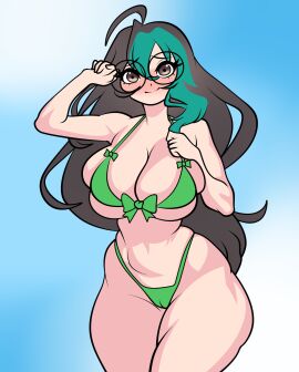 akane_ko big_breasts bikini black_hair breasts female glasses horny horny_female large_hair two-tone_hair