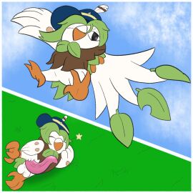 anoelotl avian balls big_balls big_penis bird brown_body brown_feathers clothing cloud cloudy_sky dartrix digital_media_(artwork) feathered_wings feathers feet feral flying generation_7_pokemon genitals grass green_feather_hair hair hat head_on_arm headgear headwear high-angle_view huge_cock leaf looking_at_viewer lounging low-angle_view lying male messy_hair nintendo on_side outside owl penis plant pokemon pokemon_(species) presenting presenting_penis raised_leg simple_background sky smile smug solo solo_focus talons tapering_penis throwing_object toes white_body white_feathers wings