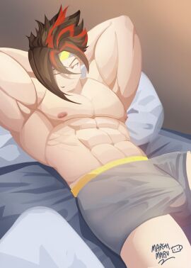 1boy abs anton_ivanov artist_logo artist_name artist_signature bed boxers bulge erection erection_in_underwear erection_under_clothes flexing flexing_muscles laying_down looking_at_viewer male male_focus male_only marsh_maru muscles nipples pecs penis penis_outline pillow red_hair smiling solo solo_male underwear underwear_only wink winking_at_viewer zenless_zone_zero