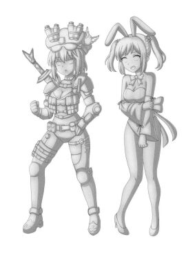 2girls armor belt blush breasts cleavage cowboy_shot eyeglasses female female_focus fingerless_gloves forest gloves greyscale hat helmet ill188 large_breasts long_hair looking_at_viewer monochrome navel nipples open_mouth petrification pouch rabbit_ears scar simple_background solo statue stone_statue teeth torn_clothes weapon wide_eyed