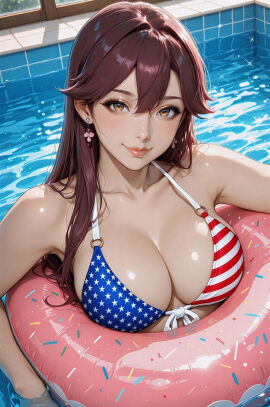 1girls 4th_of_july ai_generated american_flag_bikini bathtub bikini brown_eyes brown_hair day daytime earrings female female_focus fourth_of_july hi_res hires indoors long_hair looking_at_viewer stars straight_hair stripes united_states_of_america upscaled water