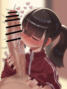 1boy 1girls absurdres akago backlighting bar_censor black_eyes black_hair blush censored commentary_request erection fellatio female female_focus foreskin foreskin_overhang hair_between_eyes heart highres human jacket large_penis leasimla licking licking_penis long_foreskin male male_pov male_pubic_hair mole mole_on_neck noseless one_eye_closed oral oral_sex original partial_male penis ponytail pov pov_crotch pubic_hair red_jacket sleeves_past_wrists straight tongue tongue_out track_jacket track_suit uncircumcised uncut unretracted_foreskin veins veiny_penis zipper zipper_pull_tab