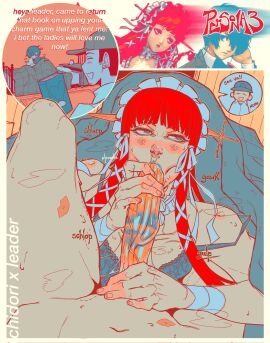 1girls 2boys big_penis blowjob blue_eyes blue_lips blue_lipstick bra breasts cheating cheating_girlfriend chidori_yoshino cuckold cum cum_in_mouth cum_in_nose deepthroat_mark dialogue fellatio female gothic_lolita huge_cock junpei_iori large_penis lipstick lipstick_mark lipstick_on_penis lolita_fashion long_hair makoto_yuki male megami_tensei multiple_boys multiple_males netorare ntr nyoolie oral penis persona persona_3 persona_3_reload red_hair saliva stealth stealth_fellatio straight text under_blanket