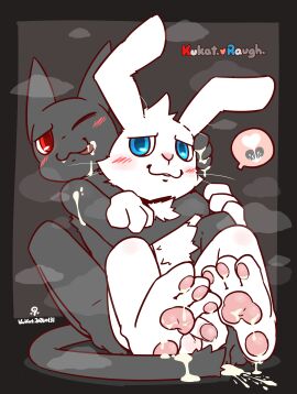 absurd_res alternate_version_at_source anal anal_sex anthro ass blue_eyes blush bodily_fluids breath cum cum_in_ass cum_inside cum_on_arm cum_on_face cum_on_feet cum_on_hand cum_on_tongue domestic_cat duo feet felid feline felis genital_fluids genitals grey_background grey_body hi_res humanoid_genitalia humanoid_penis kukat kukat_(character) lagomorph leporid long_ears male male/male mammal nude one_eye_closed pawpads penetration penile penile_penetration penis penis_in_ass pink_pawpads rabbit raugh_(kukat) sex simple_background tongue white_body
