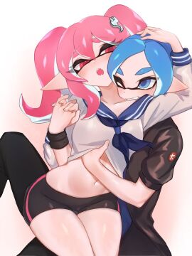 1boy 1girls bike_shorts biting blue_eyes blue_hair blue_neckerchief blue_sailor_collar blush collarbone fangs female furrowed_brow hair_between_eyes hair_ornament hand_under_clothes highres inkling inkling_boy inkling_girl inkling_player_character interlocked_fingers jtveemo long_hair long_sleeves looking_at_another male mask navel neckerchief nintendo one_eye_closed pink_eyes pink_hair pointy_ears sailor_collar school_uniform serafuku shirt short_shorts short_sleeves shorts single_vertical_stripe splatoon splatoon_(series) teeth tentacle_hair thick_eyebrows thighs twintails white_shirt