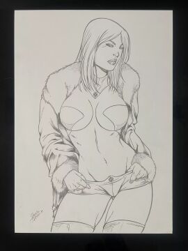 black_and_white booty_shorts choker daniele_torres ed_benes_studio emma_frost female female_only marvel marvel_comics new_x-men pussy pussy_bulge traditional_media_(artwork) white_queen x-men
