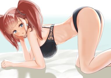 1girls ass atlanta_(kantai_collection) black_bra black_panties blush bra breasts brown_hair commentary_request earrings female from_side grey_eyes highres jewelry kantai_collection large_breasts long_hair looking_at_viewer open_mouth panties single_earring solo star_(symbol) star_earrings two_side_up underwear underwear_only zuki