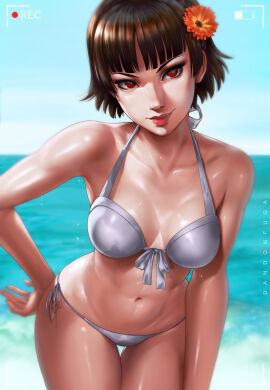 1girls beach bikini breasts brown_hair crown_braid dandon_fuga female hair_flower hand_on_hip looking_at_viewer makoto_niijima medium_breasts midriff navel ocean outside persona persona_5 recording red_eyes sfw short_hair side-tie_bikini side-tie_swimsuit sky swimsuit water white_bikini white_swimsuit