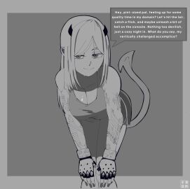 1girls bending_over big_breasts blush breasts burn_scar clothed clothed_female demon_horns demon_tail english_text female female_only fingerless_gloves fully_clothed fully_clothed_female glasses gloves hanztakeshir18_(artist) helltaker helltaker_oc high_heels horns inviting long_hair looking_at_viewer monochrome oc original original_character pale-skinned_female pale_skin regetta_(hanztakeshir18) scar shorts simple_background skirt solo sports_bra standing sweater tagme tank_top text text_bubble thick_thighs thighs tomboy