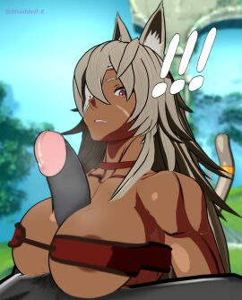 1boy 1girls 3d abs animal_ears areola_slip areolae barely_contained big_breasts big_penis breasts choker cock_shock crossover dark-skinned_female dark_skin disgusted eyepatch female genshin_impact ghislaine_dedoldia hilichurls_(species) male mushoku_tensei paizuri partial_male penis pubic_hair shaddoll_x small_bra steamy_penis stray_pubic_hair titfuck_under_clothes titjob