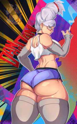 1girls ass ass_focus ayase_seiko back bare_shoulders big_ass black_choker blue_eyes breasts bubble_ass bubble_butt character_name choker cigarette clothing crop_top dandadan detached_sleeves earrings eyewear fat_ass female female_only from_behind glasses grey_hair holding_cigarette huge_ass jewelry large_ass large_breasts legwear lips long_hair looking_at_viewer looking_back makeup mrdeathcat red-framed_eyewear short_hair short_shorts shorts smoke smoking solo thick_ass thick_thighs thighhighs thighs tied_hair underboob white_hair wide_hips