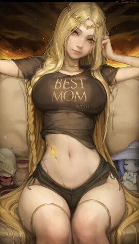 1girls artist_name ass best_mom big_ass big_breasts blonde_hair braid braided_hair breasts character_doll circlet clothes_writing commentary cracked_skin crop_top elden_ring english_commentary female female_only fromsoftware hand_on_head head_tilt highres jar_innards_(elden_ring) kittew living_jar_(elden_ring) looking_at_viewer malenia_blade_of_miquella milf mommy mother mother_and_daughter patreon_username plush plushie queen_marika_the_eternal ranni_the_witch shadow_of_the_erdtree shirt short_shorts shorts sitting solo sехual thick_thighs thighs