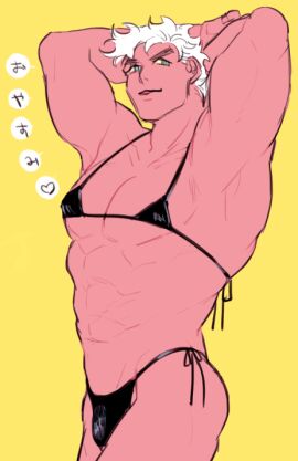 1boy armpits battle_tendency bikini jojo's_bizarre_adventure joseph_joestar male male_only micro_bikini muscular muscular_male nakaji solo